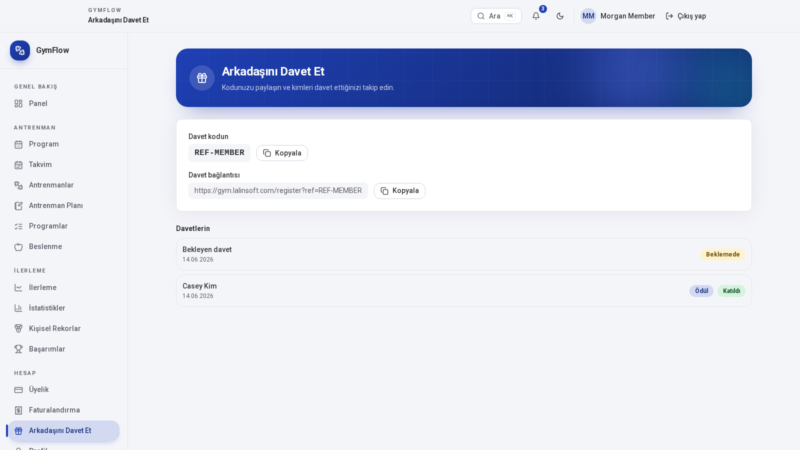 GymFlow arkadaşını davet et / referans ekranı